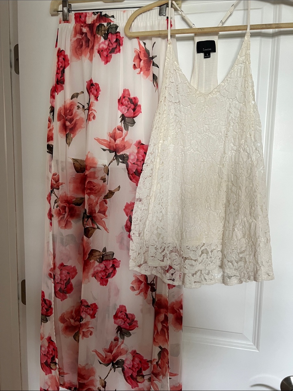 TOWNSEN Cream Lace Camisole with Pink Floral Chiffon Skirt